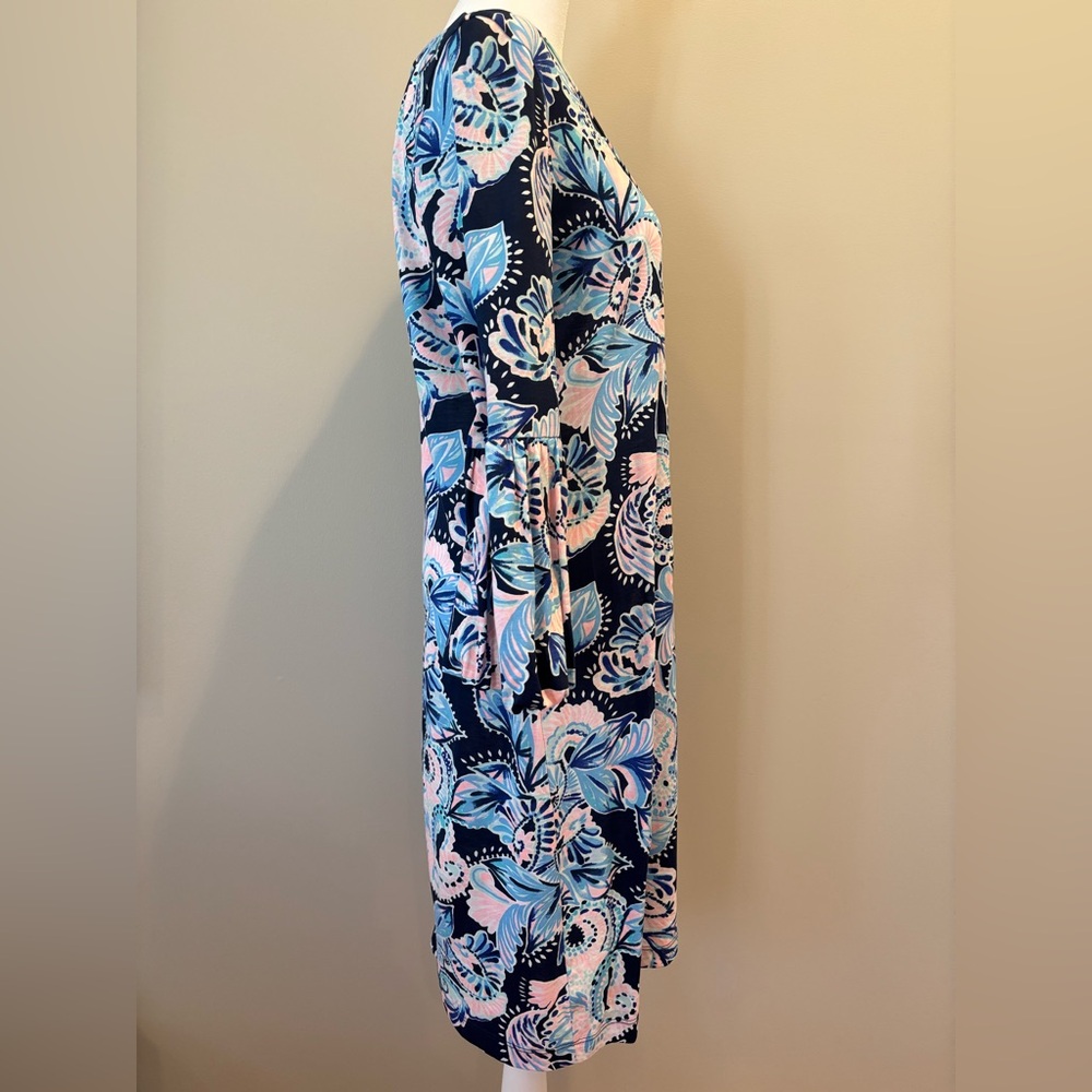 Lilly Pulitzer 3/4 Bell Sleeve Dress Womens Medium Navy/Pink/Turquiose NWOT - Picture 4 of 12